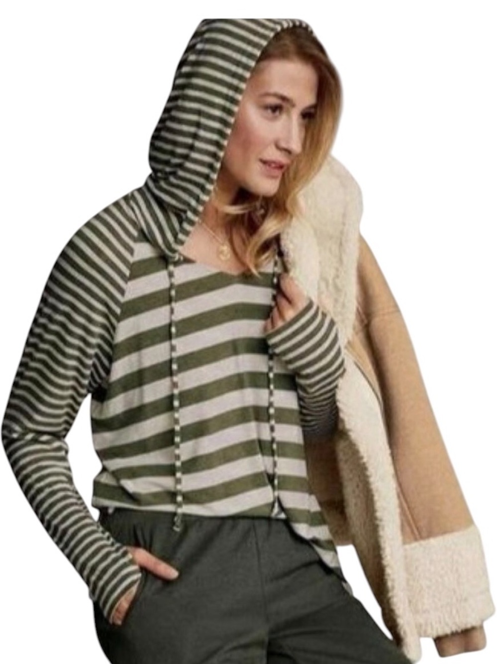 CABI Olive Striped Playoff Hoodie Jersey Top Small XS Oversized Long-Sleeve Top